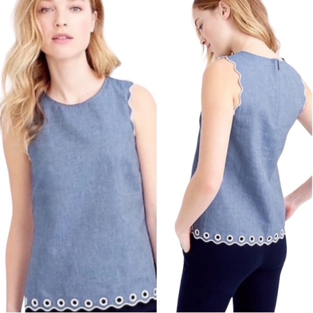 J. Crew Chambray Denim Sleeveless Scalloped Eyelet-Hem Tank - Light Blue